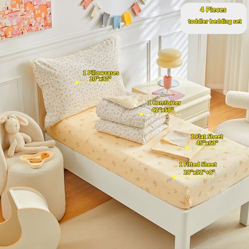 Image of DuShow 4 Piece Cotton Toddler Bedding Set for Girls,Pink Toddler Comforter Set Bed in a Bag,Reversible Floral Crib Bed Sheets Set Include Comforter,Flat Sheet,Fitted Sheet,Pillowcase