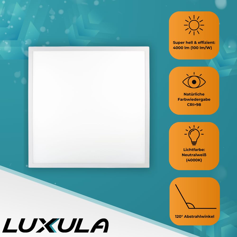 LUXULA LED Panel 62x62cm Rasterleuchte CRI98 Vollspektrum 4000K Neutralweiß 40W 4000lm flimmerfrei 230V Netzteil