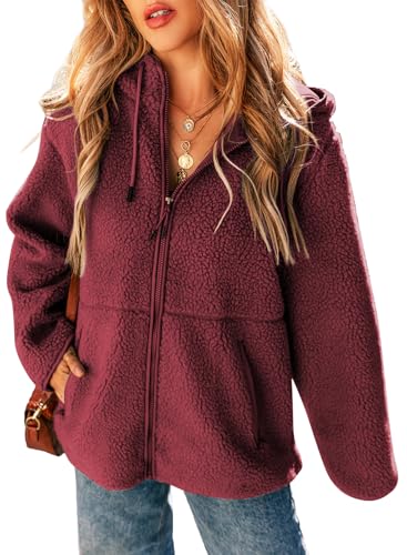 EVALESS Womens Fleece Jacket Long Sleeve Zip Up Sherpa Coats 2025 Fall Winter Trendy Fuzzy Hooded Jackets with Pockets