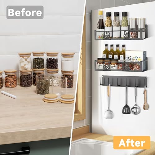 Image of Spice Rack Magnetic for Fridge,Magnetic Fridge Shelf,Spice Shelf,Condiment Organizer,Refrigerator Organizers and Storage with Magnetic Hooks,Owl Kitchen Decor(Gray)