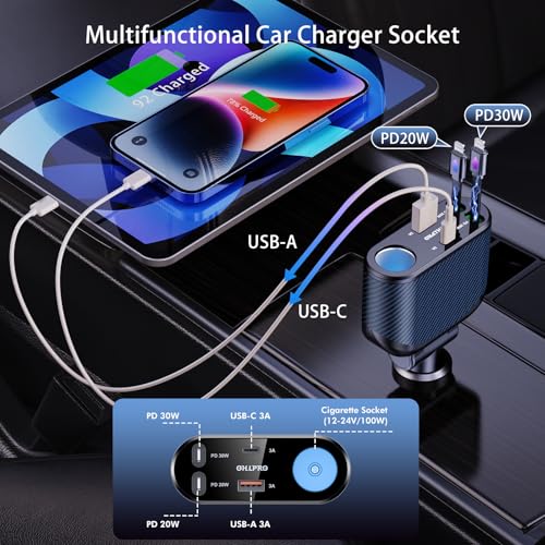 OHLPRO 5 in 1 Retractable Car Charger, 168W USB C Cigarette Lighter Adapter, Fast Car Phone Charger Built-in Replaceable Fuse, Socket Splitter with Dual USB Ports, Fit for Phone, iPad, Galaxy, GPS