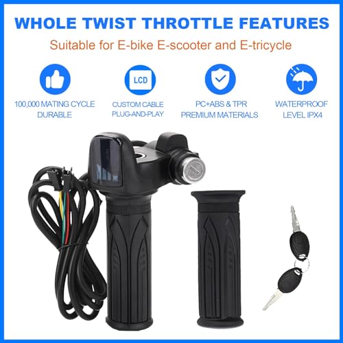 Image of Hizoncore Ebike Full Twist Throttle Fits Ridstar Q20, 48V Plug and Play Throttle 3 Pin Easy Installation, LCD Display with Key Lock, Throttle Grips for Ebike Motorcycle Scooter