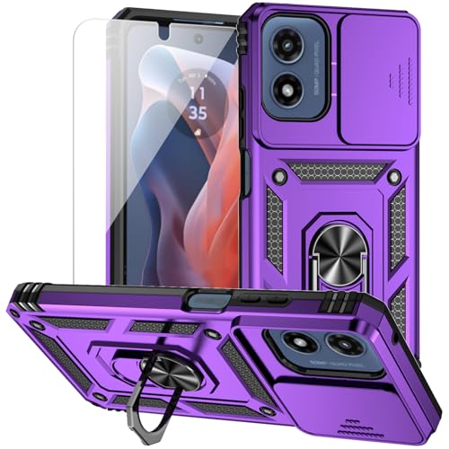 for Moto G 5G 2024 Case with Camera Lens Cover HD Screen Protector, Dual Layer Military-Grade Drop Tested Magnetic Ring Holder Kickstand Protective Phone Case for Motorola Moto G 5G 2024 (Purple)