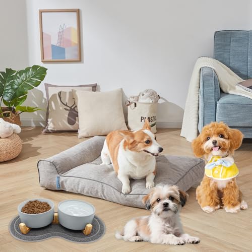 Hundenapf Keramik 850ml Doppel Futternapf Hund mit Bambus Ständer und Rutschfestem Matte, Hundenapf Set Erhöht Hunde Napfset, Erhöhte Futterstation Hund 2er Set für Katzen Kleine Mittelgroße Hunde