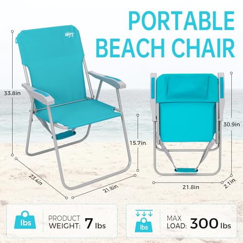 #WEJOY Folding Beach Chair for Adults, Lightweight Beach Chair with Shoulder Straps, High Back Camping Chairs with Hard Armrest, Supports 300lbs for Outdoor Lawn Concert (Cyan)