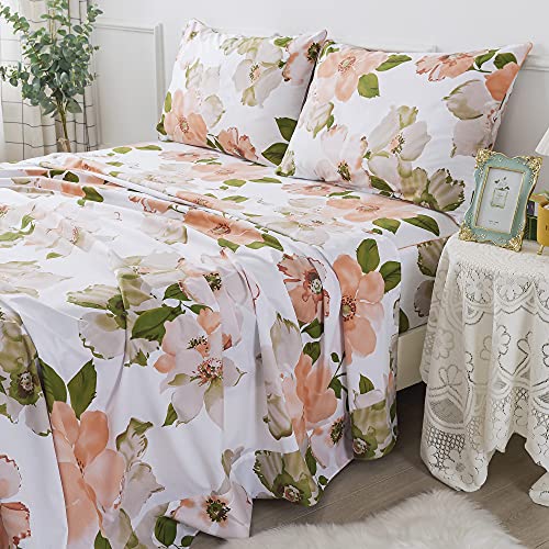 Photo 1 of FADFAY Sheets Set Full Elegant Watercolor Floral Bedding Shabby Orange Flower Bed Sheet Set Vintage Farmhouse Bedding 100% Cotton Ultra Soft Hypoallergenic Deep Pocket Fitted Sheet 4Pcs