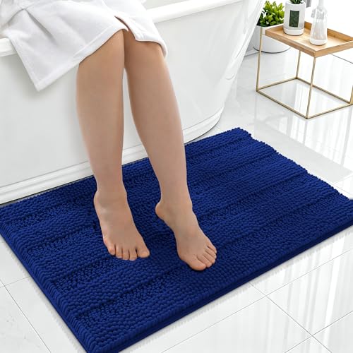 Image of Smiry Thick Chenille Bathroom Rugs 36x24, Extra Soft Absorbent Striped Bath Mat, Machine Washable, Rubber Backing, Bath Rugs for Tub & Shower, Modern Home Decor Accessories, Navy
