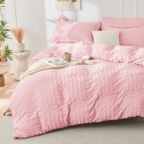 Image of HYMOKEGE Pink Full Size Comforter Sets Seersucker 7 Pieces, All Season Luxury Bed in a Bag for Bedroom, Bedding Set with Comforters, Sheets, Pillowcases & Shams