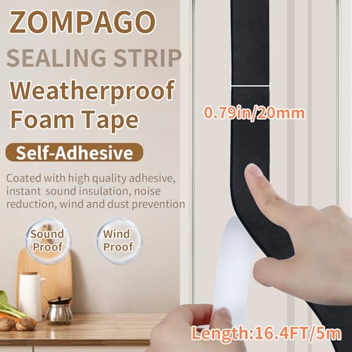 Image of ZOMPAGO Foam Tape Weather Stripping, 0.8in x 16.4FT Black Single Sided Adhesive Rubber Seal Strip, Window Gap Filler & Door Seal Weatherstripping for Doors, Exterior Window Gasket Door Insulation