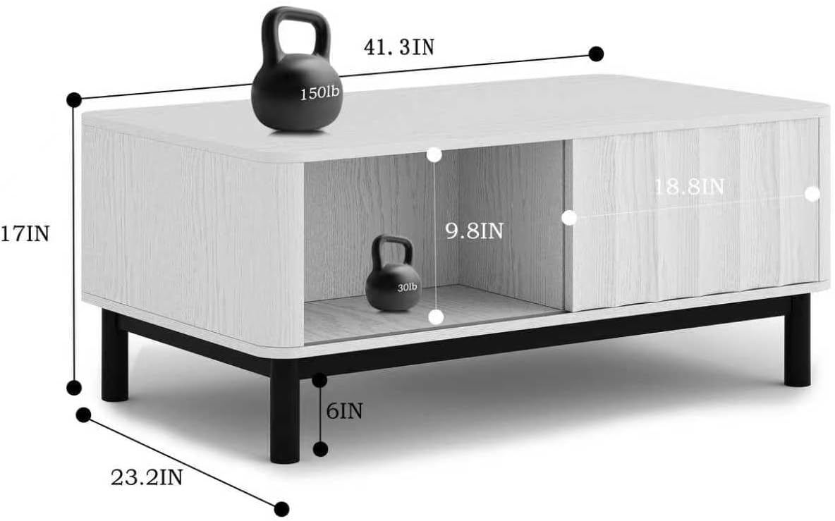 Mid Century Modern Coffee Table, Desert-Inspired Design Fluted Wood MCM Center Tables for Living Room Bedroom with 4 Storage Compartments 2 Sliding Doors, Metal Legs, Anti-Slip Pads, White