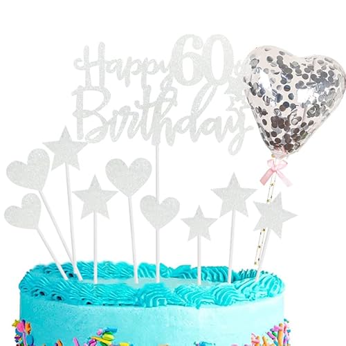 11pcs Silver Happy 60th Birthday Cake Toppers,Personalised Cake Topper for Man&Woman,60th Birthday Cake Decorations Glitter Cupcake Toppers Cake Toppers Kits 5 Star 4 Heart with Balloon