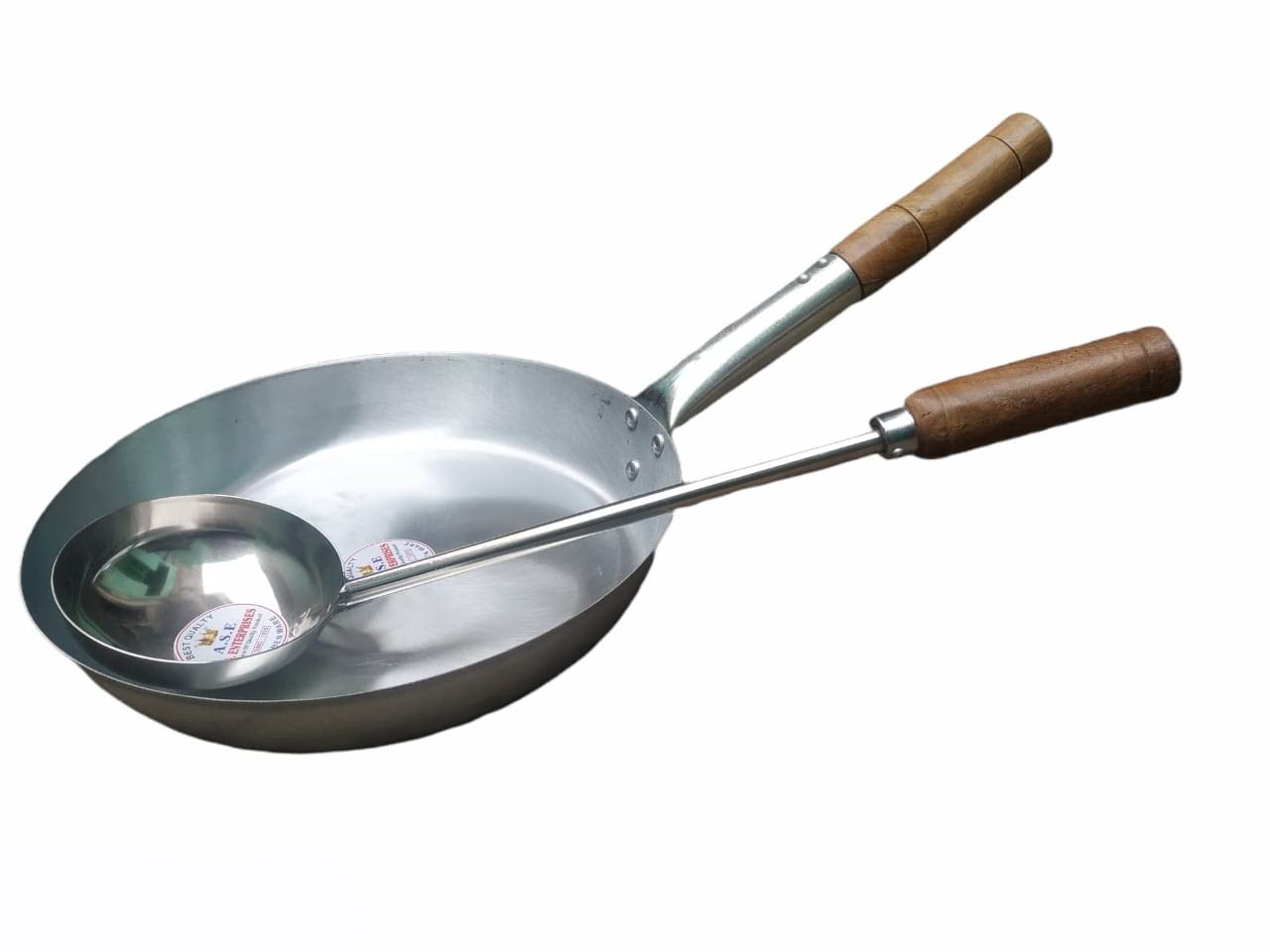 A S Shiny Coated ( 4 kg Heavy Weight only A S Brand ) Induction and Gas Compatible Pure Iron Fry Pan/Tapper Pan/Flat tai with Wooden Handle, Free Big Size ladle (12 no. 2 Liter Fry pan)