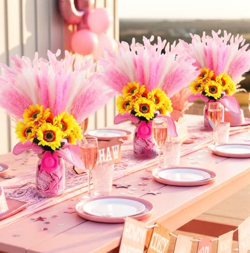 Image of Wonderjune 135 Pcs Western Cowboy Table Centerpieces Cowgirl Rodeo Party Decor with Mason Jar Bandannas Mini Hat Sunflowers Pampas for Cowboy Cowgirl Baby Shower Birthday Wedding Party Decor(Pink)