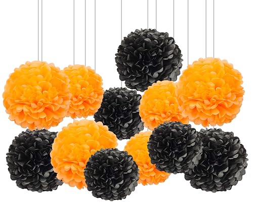 Image of XIKSXITN 12 pc Orange Black Tissue Paper Pom poms-Hanging Paper Pom Poms Paper Flowers Ball for Halloween Party Decorations(10&12 inch)