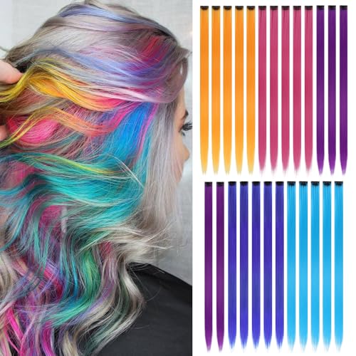 Colored Clip in Hair Extensions for Girls 25 pcs Straight Fashion Hairpieces for Party Highlights (5 maka colors,Lake Blue,Rose red,Orange yellow,Purple,Blue)