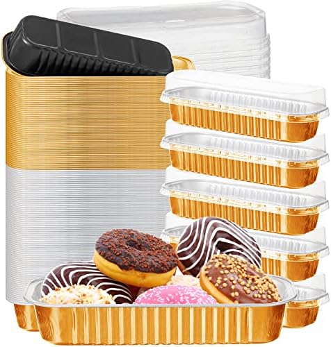 120 Pcs 7 oz Disposable Aluminum Baking Cups with Lids Square Foil Ramekins Pan Aluminum Foil Mini Loaf Pans for Baking Cakes Bread Meatloaf Food Serving (Gold Black, Gold)