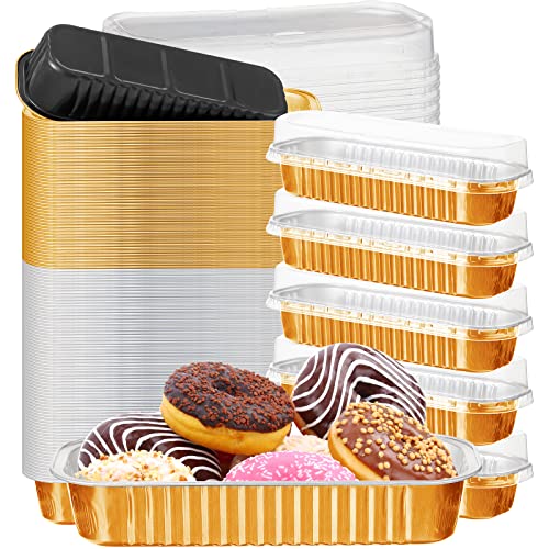120 Pcs 7 Oz Disposable Aluminum Baking Cups With Lids Square Foil Ramekins Pan Aluminum Foil Mini Loaf Pans For Baking Cakes Bread Meatloaf Food Serving (Gold Black, Gold) #TOP21
