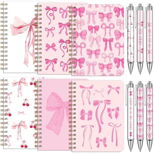 Image of Resurhang 6 Pack Pink Bow Spiral Pocket Notebooks Coquette Bow A6-Small Notebooks Cute Preppy Aesthetic Journal with Ballpoint Pens for Office School Day Classroom Prize Gifts 5.7 x 4.1 Inch