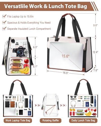 Bnlcd Lunch Tote Bag for Women - 15.6 Inch Laptop Work Bag with Insulated Lunch Compartment - Large Capacity Quilted Computer Handbag - Leakproof Lunch Box for Women Adults, White-black - image 4
