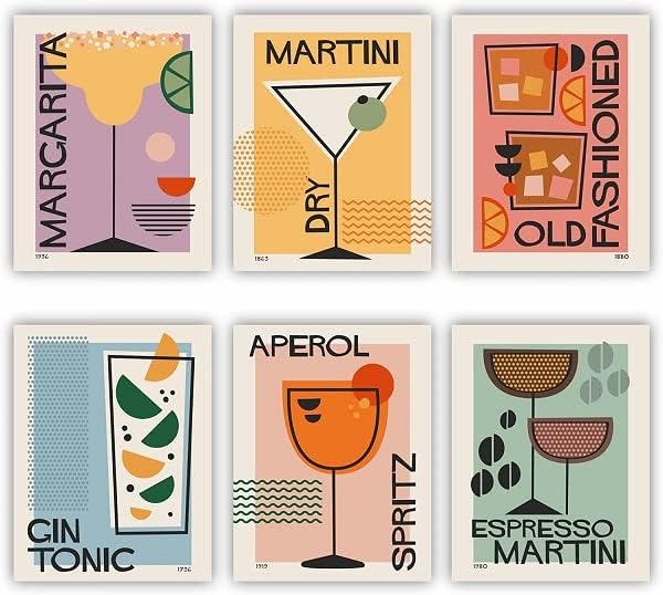 Print A To Z Cocktail Wall Art Poster Set, UNFRAMED Set of 6 (8''x10''), Apartment Wall Decor, Home Bar Accessories, Cocktail Poster