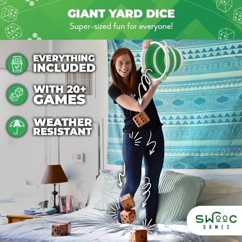 SWOOC Games – Yardzee, Farkle, & 20+ Giant Dice Games – Yard Dice (All Weather) w/Bucket, Scorecards, & Marker – Giant Outdoor Games – Giant Yard Games for Adults – Big Dice Jumbo Dice – Large Dice