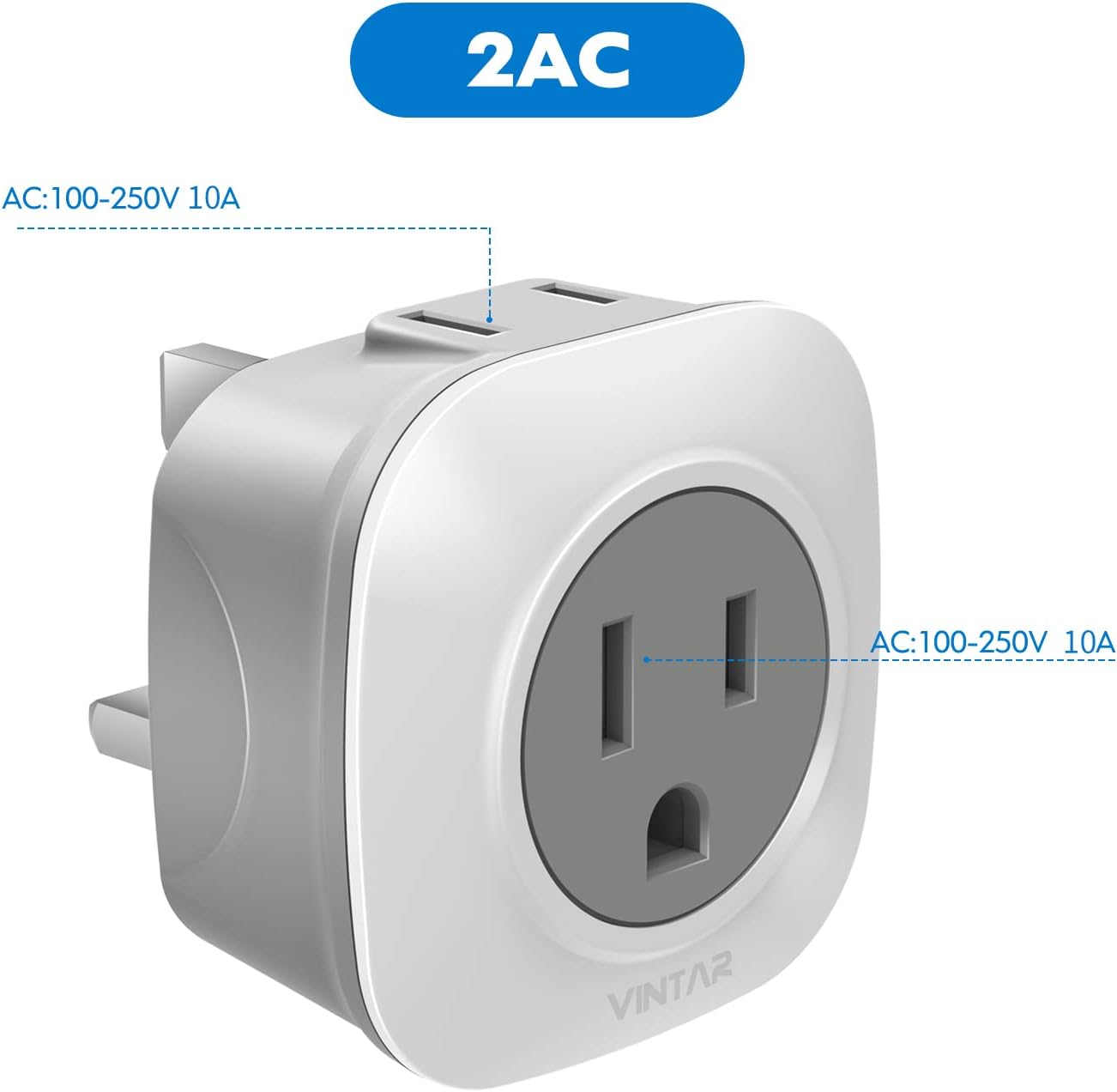 [3-Pack] UK Ireland Travel Plug Adapter, VINTAR International Power Adaptor with 2 American Outlets- 2 in 1 European Plug Adapter for USA to British England Scotland Irish London Hong Kong (Type G)