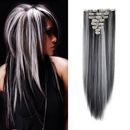 Womens 18 Clips 8Pcs Full Head Hair Extensions 26 Inch Long Straight Natural Black Mix Silver Grey Hairpiece #TOP1
