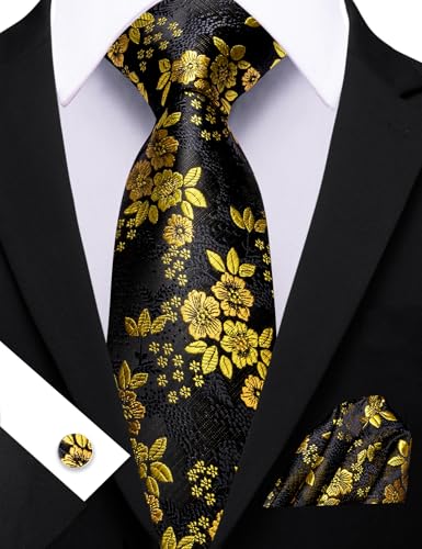Image of Barry.Wang Flower Ties for Men Silk Woven Floral Tie Sets Necktie Handkerchief Cufflinks Wedding Party