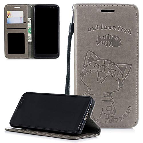 Preisvergleich Produktbild ZCXG Galaxy A6 Plus 2018 Hülle,Weich Slim Madam Frauen Brieftasche Hülle Leder Magnet Ständer Katze Niedlich Kartenhalter Geldbeutel Kreditkartenhüllen Handyhülle Samsung Galaxy A6 Plus 2018 Grau