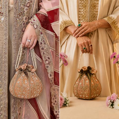 Image of THE TAN CLAN Pushp Zardozi Embroidered Mini Lotus Potli Bag - Handcrafted Silk Pouch with Intricate Zardozi & Lotus Design for Weddings, Bridal Accessories, and Special Occasions