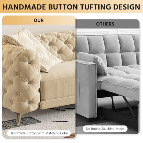 Image of KCGKCG 97.7 inch Sleeper Sofa Bed, Velvet 3-in-1 Pull Out Couch, Convertible Button Tufted Chesterfield Sofa with Movable Ottoman, 3 Seats King Size Couch Bed for Living Room /Bedroom, Apricot