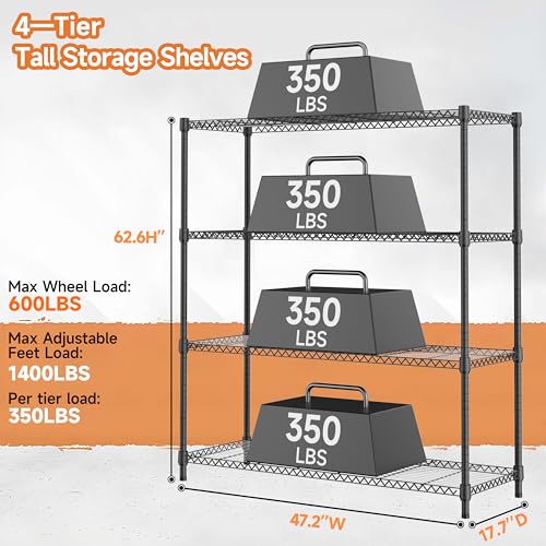 Image of M MZG 4 Tiers Storage Shelves Load 1400LBS, Metal Shelving Wire Metal Shelving Unit Shelves for Storage Adjustable Garage Shelving for Pantry Kitchen Garage Black 17.7 inch D x 47.3 inch W x 62.7 inch H