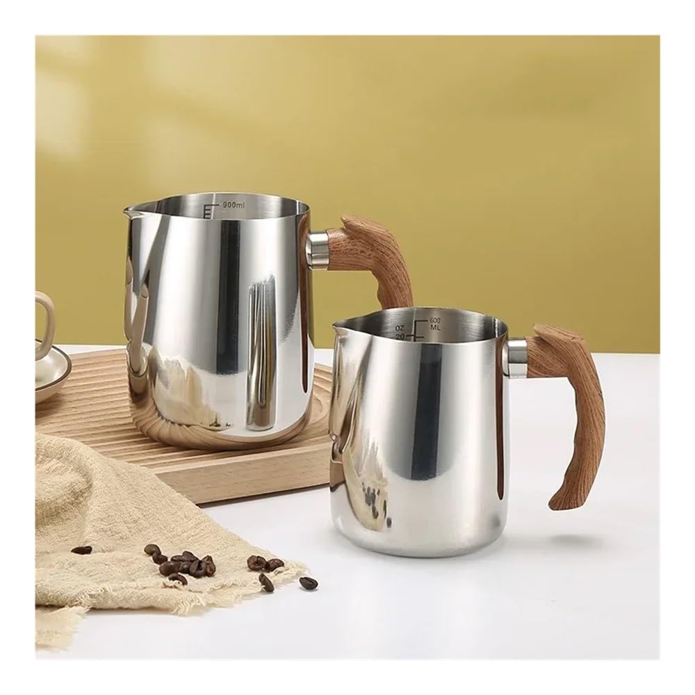 Milchaufschäumkännchen aus Edelstahl, 600/900 ml, präzise Skala, Holzgriff, Latte-Kaffeetasse, Kaffeezubehör, Küche, Café, Zubehör (600 ml, Silber)