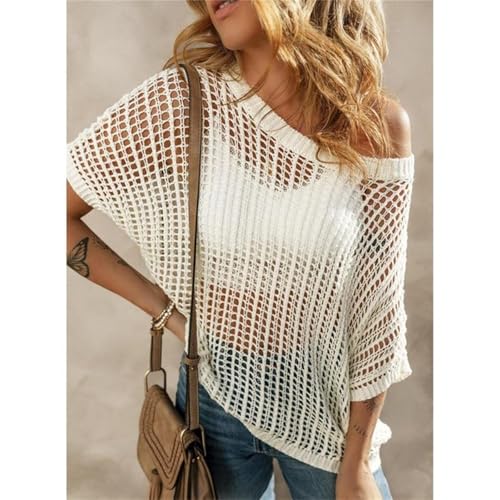 Elaiborate Knit Top, Womens Summer Scoop Neck Shortsleeve Sweater Casual Crochet Hollow Out Knittops3