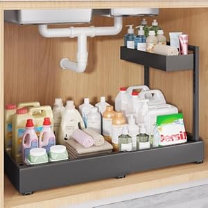 1-Pack L-Shape Expandable Under Sink Organizer with 3 Ball-Bearing Slide Rails,2-Tier Pull-Out Under Cabinet Storage Shelf for Kitchen & Bathroom,Height-Adjustable Slide-Out Cabinet Drawer-Black