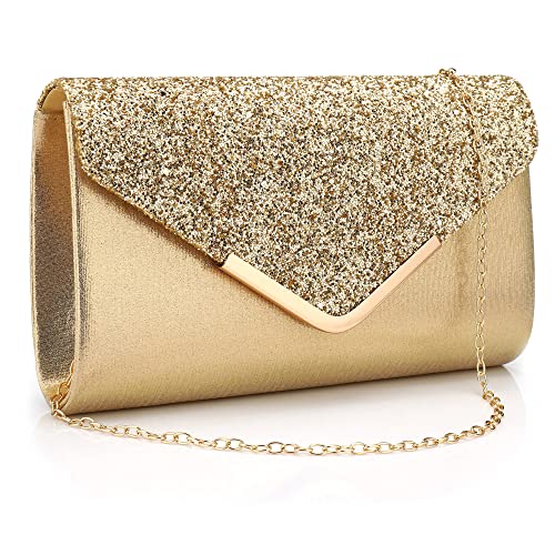 Milky Way Pochette Enveloppe Soirée Sac à Main Mariage En Paillettes Brillan Bandouliere Chic Et Elegant Clutch Argenté Avec Chaîne pour Femme Doré