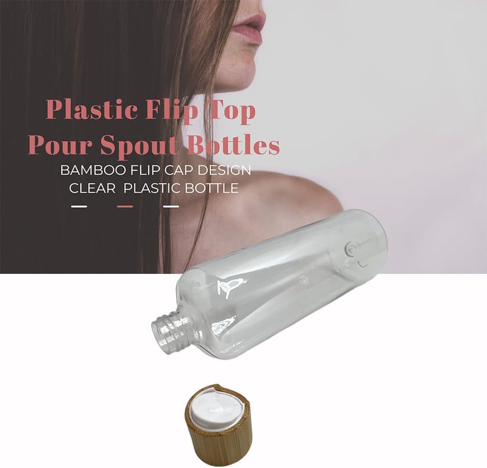Empty Cosmetic Bottles 16oz/500ml with Bamboo Disc Top Flip Cap for Shampoo Lotion Liquid Soap,Cream,Refilable Squeeze Travel Size Toiletry Bottles Dispenser,Bathroom Accessories Clear