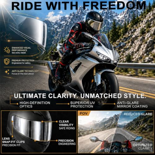 Image of PSLER Shatterproof Helmet Visor for Bell Qualifier,Silver-Mirror | Impact-Resistant ,UV400 Protection, Motorcycle Tinted Face Shield Replacement for Bell Qualifier /Star /Vortex /RS-1 /Revolver