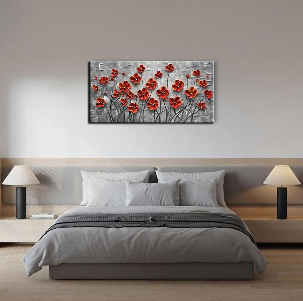 YaSheng Art - Hand painted 3D Oil Paintings On Canvas Red Flowers Paintings Modern Home Decor Abstract Artwork Canvas Wall Art Paintings,Stretched and Framed Ready to Hang 24x48inch