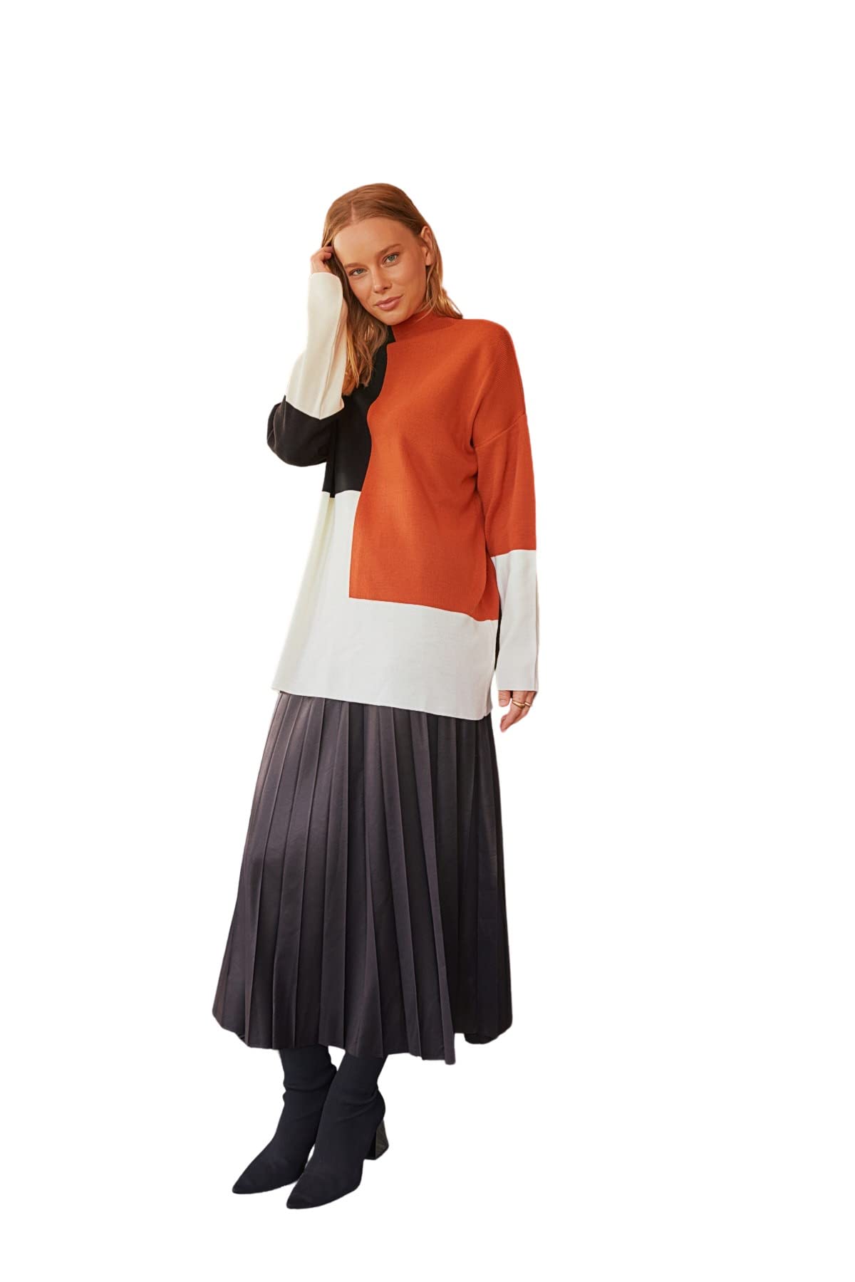 Trendyol Damen Farbblock Lange Ärmel Entspannt Hijab-Sweater