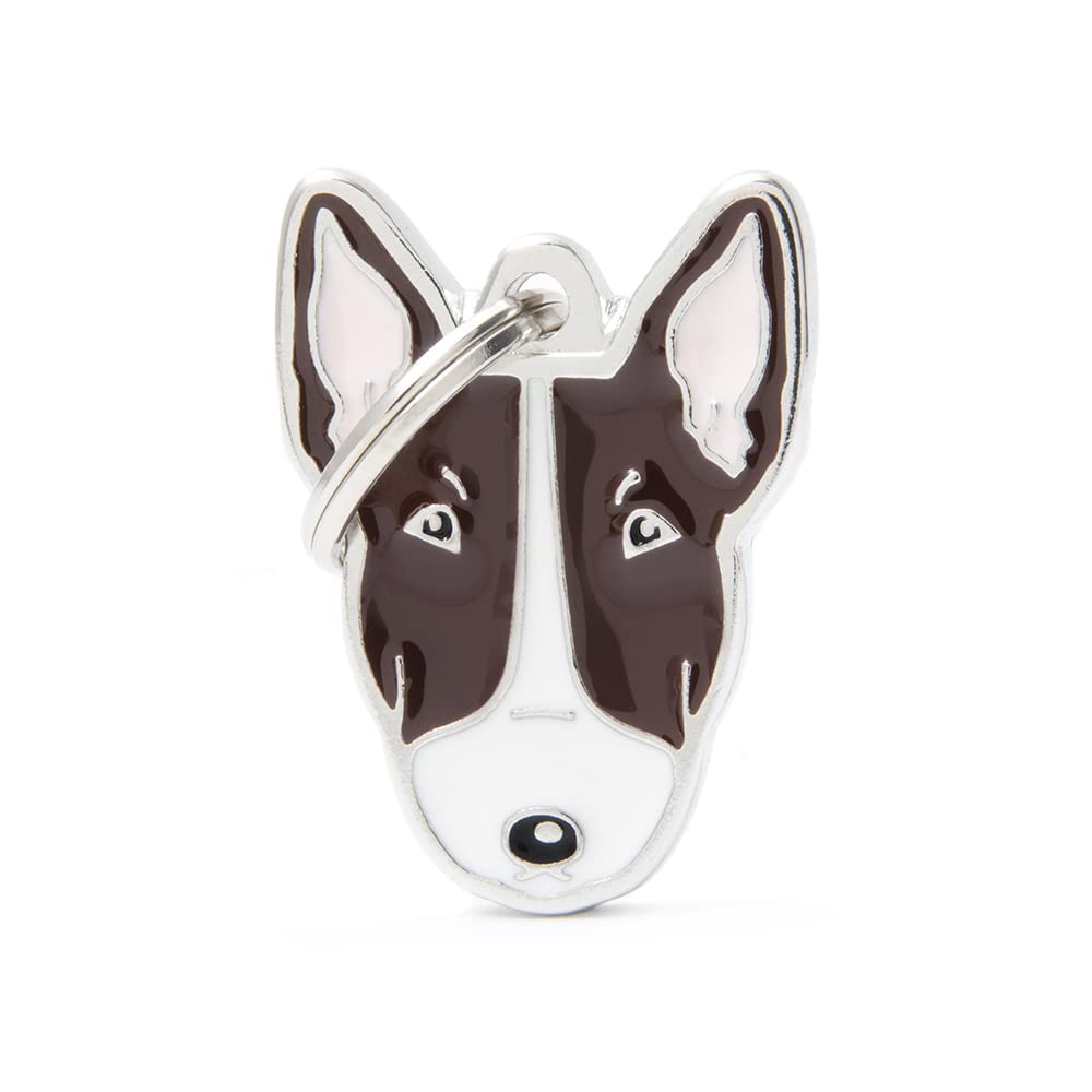 My Family Made in Italy Personalized Dog Medal, White and Brown Bull Terrier, Free Engraving, Hand Enameled, Metal, Friends Collection, 25X33 mm