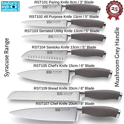 Taylors Eye Witness Syracuse Chefs/Cooks Kitchen Knife - Professional 20cm/8 Inch Cutting Edge, Multi Use. Precision Ground, Razor Sharp, Ultra Fine Blade. Soft Textured Grey Handle, Excellent Grip. - Image 7