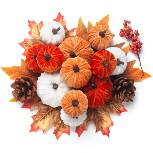 GHGMAO 21 PCS Fall Artificial Velvet Pumpkins Set, Fake Fabric Pumpkin Faux Foam...