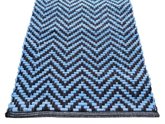 NORTH FIELD Hand Woven 100% Cotton Rug Hand Knotted Fringes,Door Mat, Bed Side Runner for Bedroom, Living Room, Passage, Entrance, Passage, Size - 50 x 80 cm (Blue/Black) Eco Friendly (Zigzag) Design