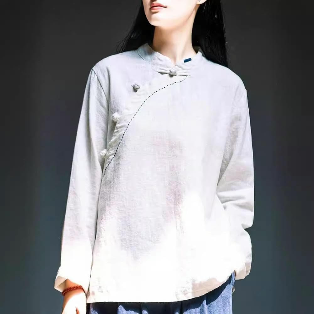 Women's Retro Cotton Linen Long Sleeve Spring Summer Blouse Autumn Loose Fit Collar Asymmetrical Frog Button Top