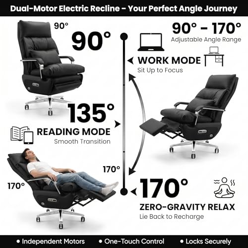 Image of Dual Motor Executive Office Chair with Footrest, One-Touch Reset, 170 Reclining Wide Seat Ergonomic Leather Desk Chair, 450LBS Big and Tall for Home&Office (Black)