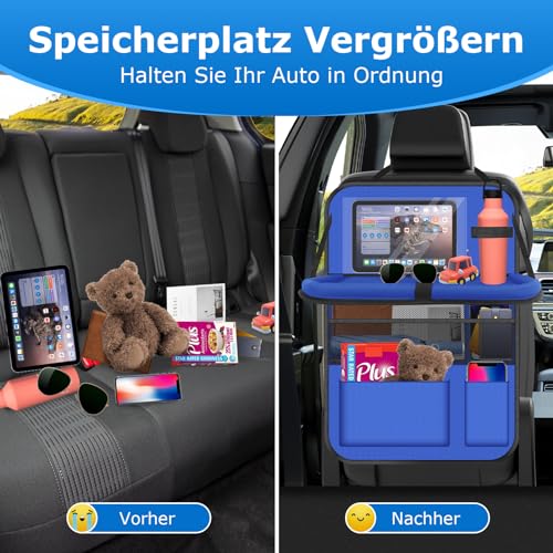 Image of Car Organiser, Pack of 2 Car Seat Organiser, Large Backrest Protection, Car, Children, Multifunctional, Waterproof, Back Seat Organiser with Folding Table, Tablet Bag and Many Pockets, Blue