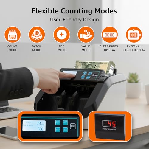 Image of Amazon Basics Note Counting Machine, 1100 Notes Per Minute Speed | UV /Magnetic /Infrared /Counterfeit Detector, Suitable for Counting Rupees, Note Counter with LCD Display, Value Counting