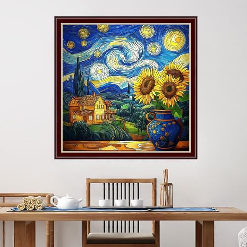 Image of Dimensean Stamped Cross Stitch Kits Full Range of Embroidery Patterns Starter Kits for Beginners Adult DIY Cross Stitches Needlepoint Kits 11CT- Van Gogh Starry Sky Sunflower 18x18 inch