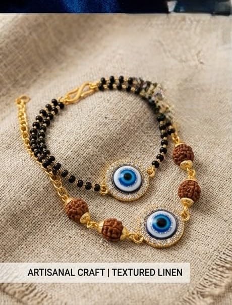 Image of Designer Set for Brother with Analog Wrist Watch, Matching, Rudraksha Evil Eye Rakhi, Roli Chawal & Gift Box | Raksha Bandhan Gift Hamper